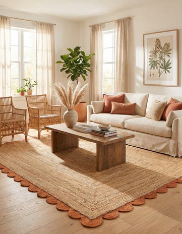 Natural and Terracotta Handmade Scallop Braided Jute Rug