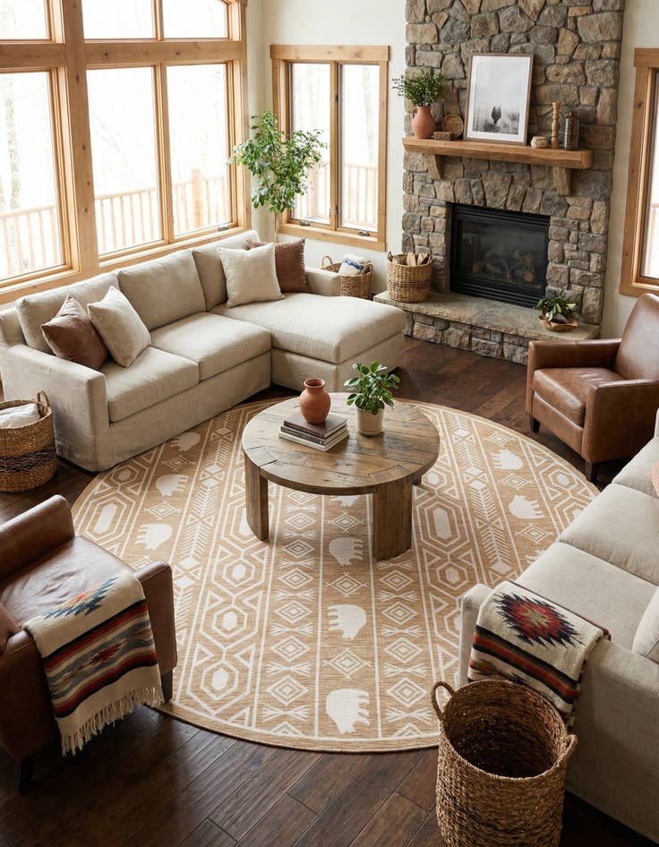 Detail image of 12' x 12'  Washable Southwestern Indoor / Outdoor Round Rug