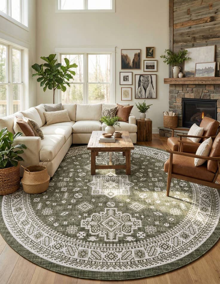 Detail image of 13' x 13'  Washable Aztec Indoor / Outdoor Round Rug