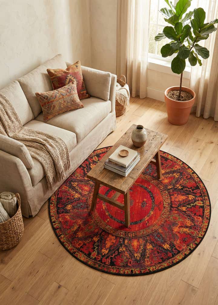 4' x 4' Easy-Clean Tribal Indoor / Outdoor Round Rug