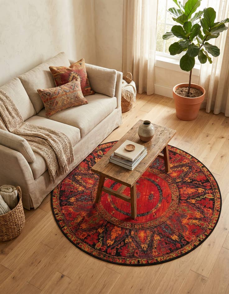 Detail image of 4' x 4' Easy-Clean Tribal Indoor / Outdoor Round Rug