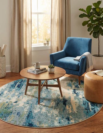 Light Blue Washable Theia Round Rug