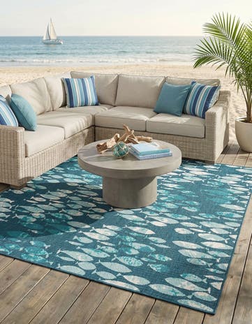 Blue Easy-Clean Coastal Indoor / Outdoor Square Rug