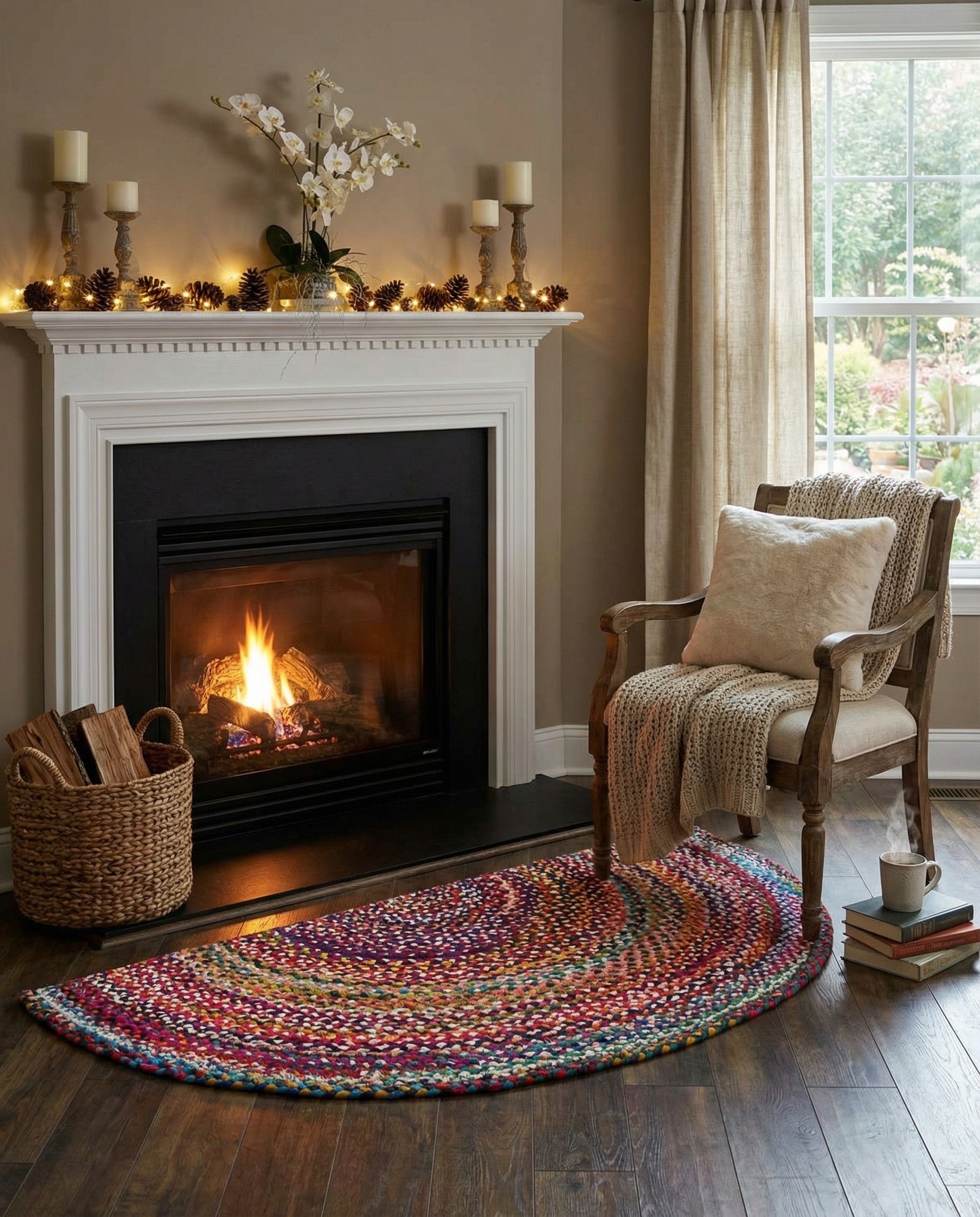 A vibrant, multi-colored braided cotton hearth rug in a semi-circular shape, featuring a mix of red, orange, yellow, blue, and pink hues.