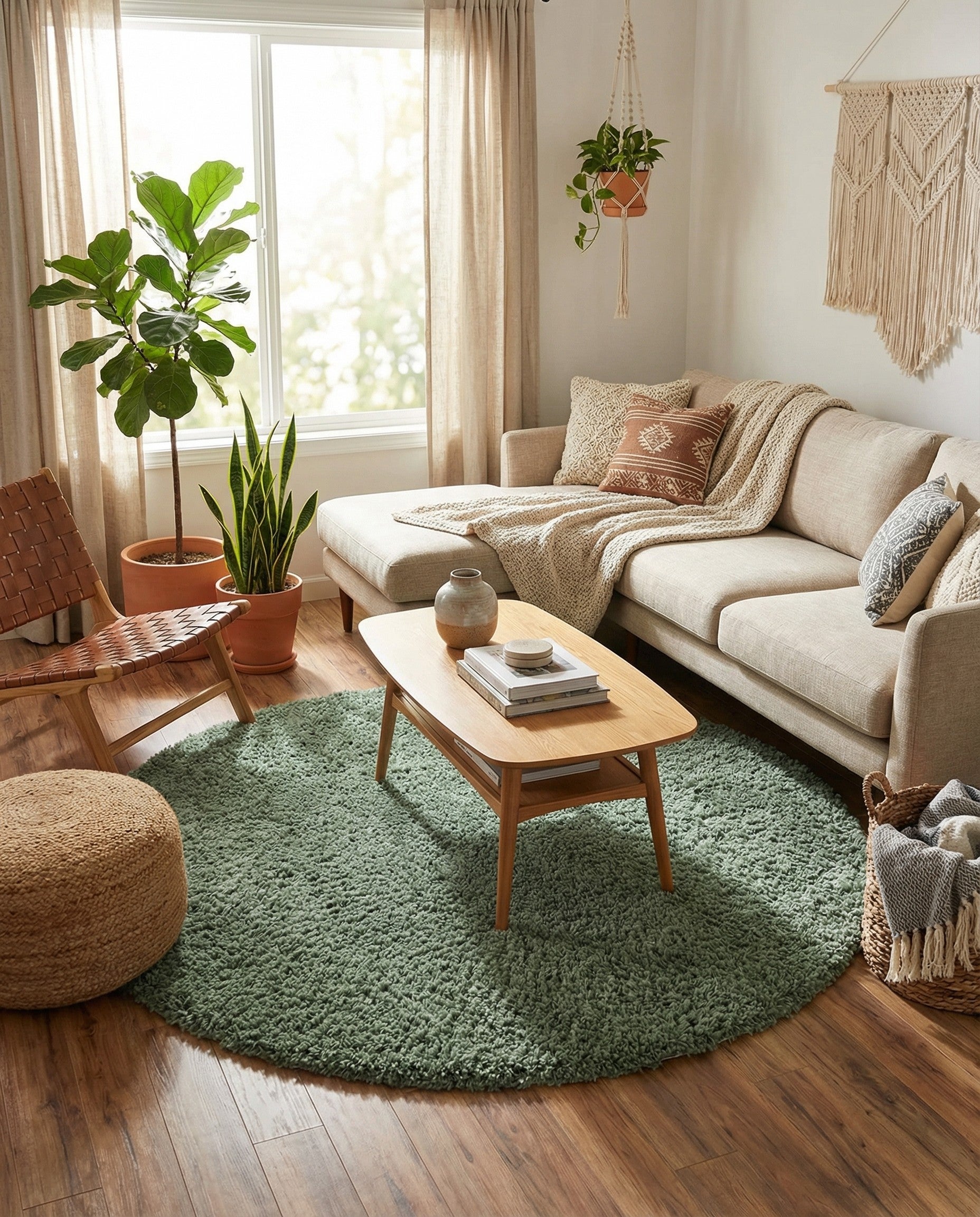 A soft, plush 6' round green shag rug, made from polypropylene, suitable for various indoor living spaces.