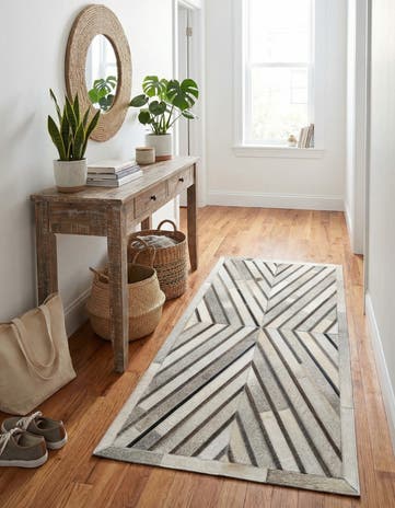 Gray Ivory Cowhide Leather Runner Rug