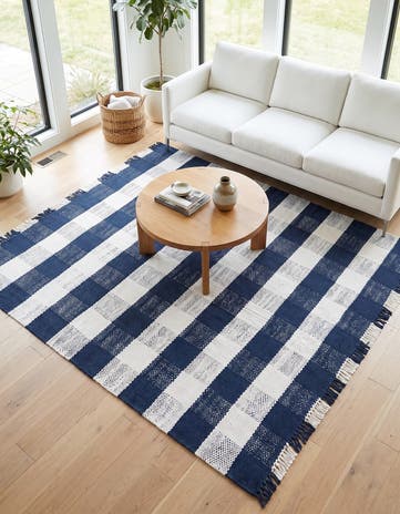 Navy Blue Easy-Clean Eco Plaid Washable Indoor / Outdoor Square Rug