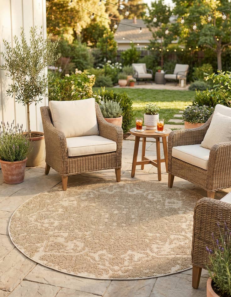 Detail image of 5' 3 x 5' 3  Washable Traditional Indoor / Outdoor Round Rug