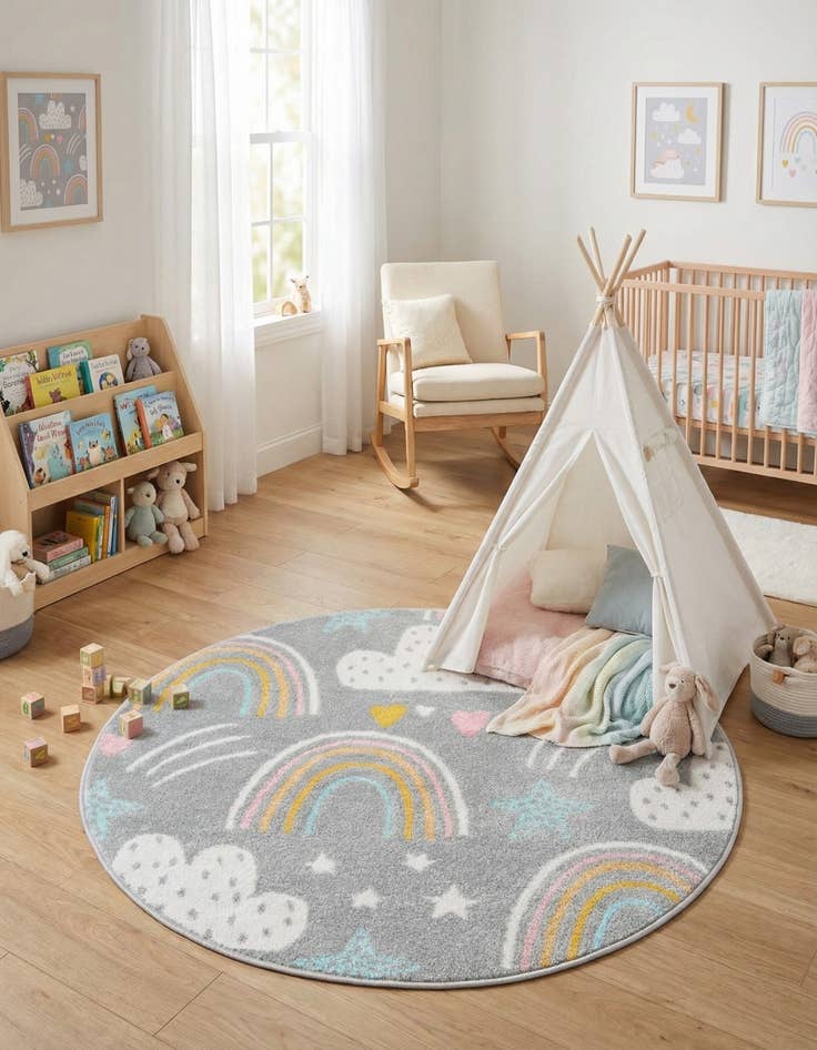 Detail image of 3' 3 x 3' 3 Clouds and Rainbows Whimsy Kids Round Rug