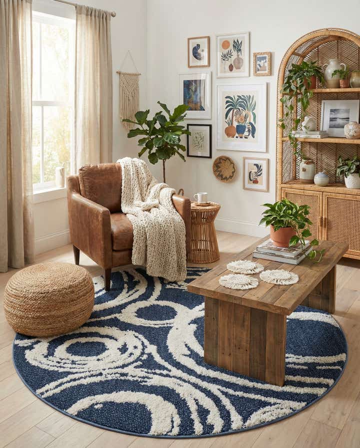 Blue 160cm x 160cm Boho Rund Teppich