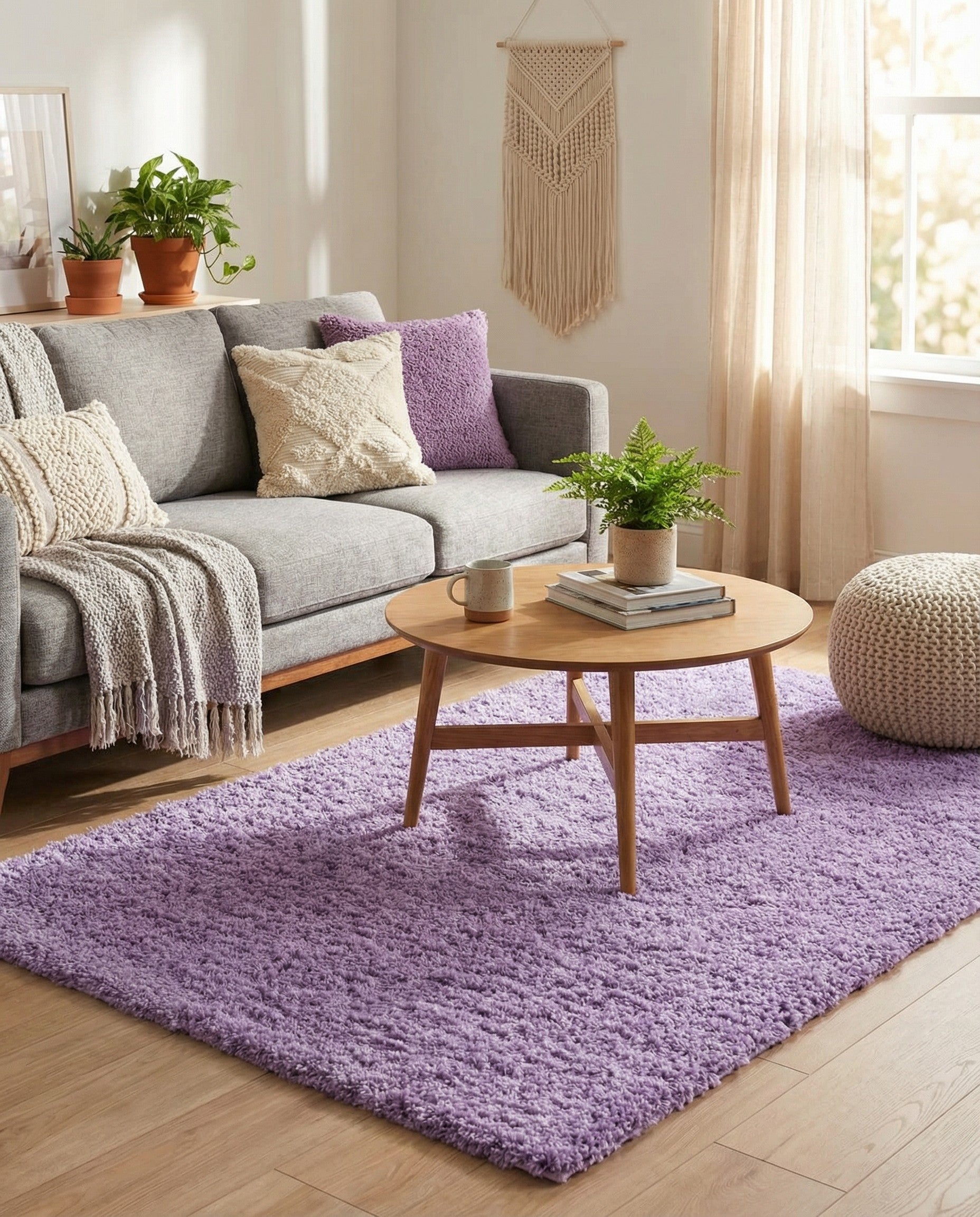 A 3x5 rectangular pink and purple solid shag rug, showcasing its plush, textured pile suitable for indoor spaces.