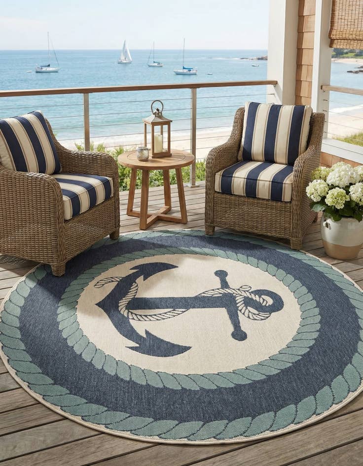 Detail image of 7' 10 x 7' 10  Washable Coastal Indoor / Outdoor Round Rug