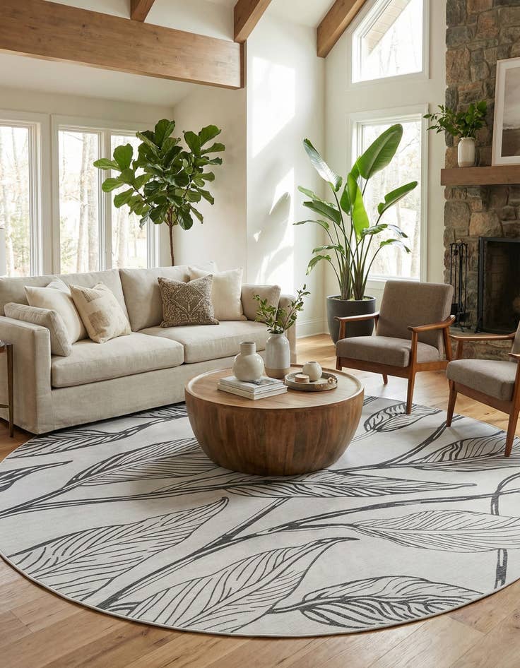 Detail image of 13' x 13'  Washable Botanical Indoor / Outdoor Round Rug