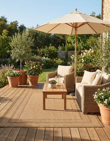 Tan Easy-Clean Border Indoor / Outdoor Rug