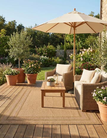 Tan Easy-Clean Border Indoor / Outdoor Rug