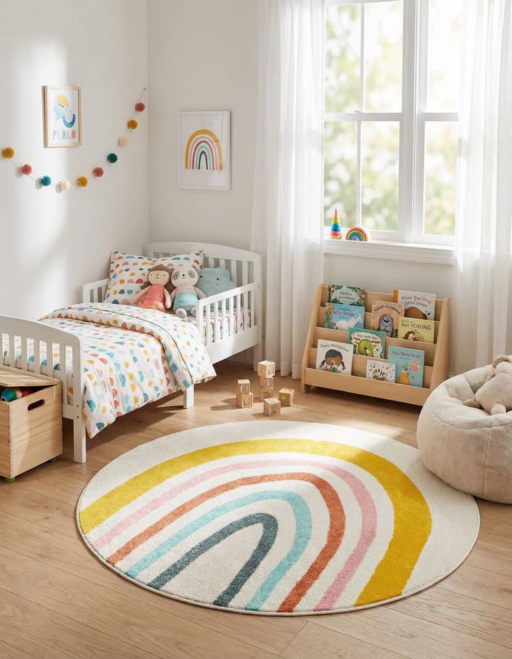 Detail image of 5' 3 x 5' 3 Rainbow Whimsy Kids Round Rug