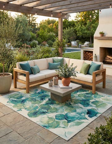 Blue Green Easy-Clean Botanical Indoor / Outdoor Square Rug