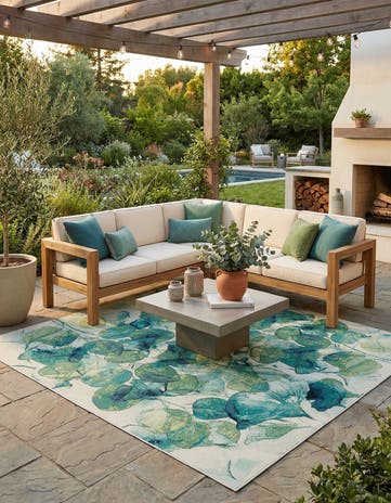 Blue Green Easy-Clean Botanical Indoor / Outdoor Square Rug