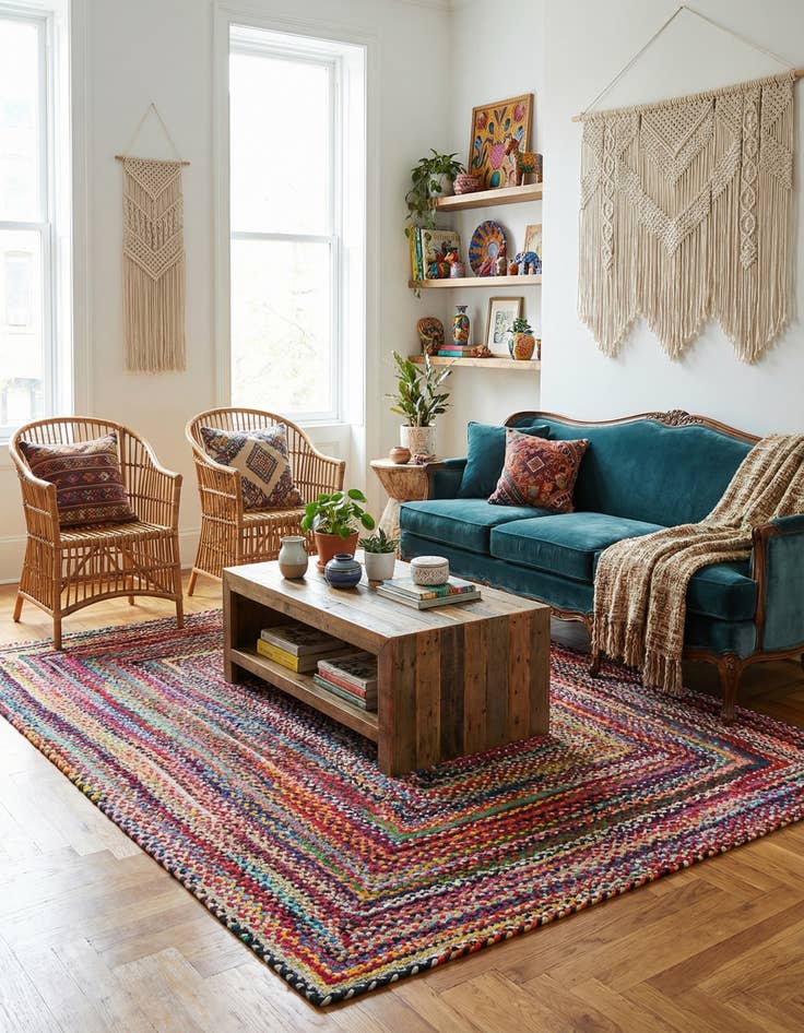 Detail image of 7' 1 x 10'  Hand Braided Chindi Rug