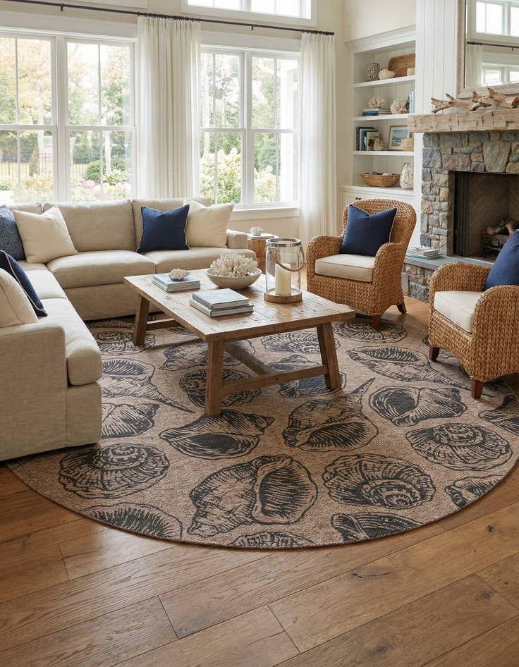 Detail image of 13' x 13'  Washable Coastal Indoor / Outdoor Round Rug