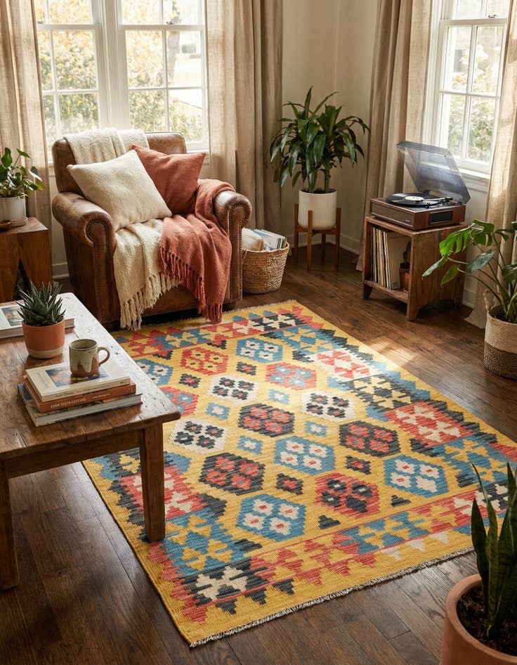 Detail image of 4' 4 x 5' 9  Hand Woven Kilim Maymana Wool Rug