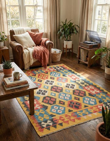 4' 4 x 5' 9 Hand Woven Kilim Maymana Wool Rug