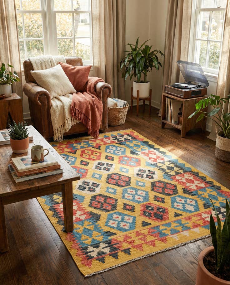 Detail image of 4' 4 x 5' 9 Hand Woven Kilim Maymana Wool Rug