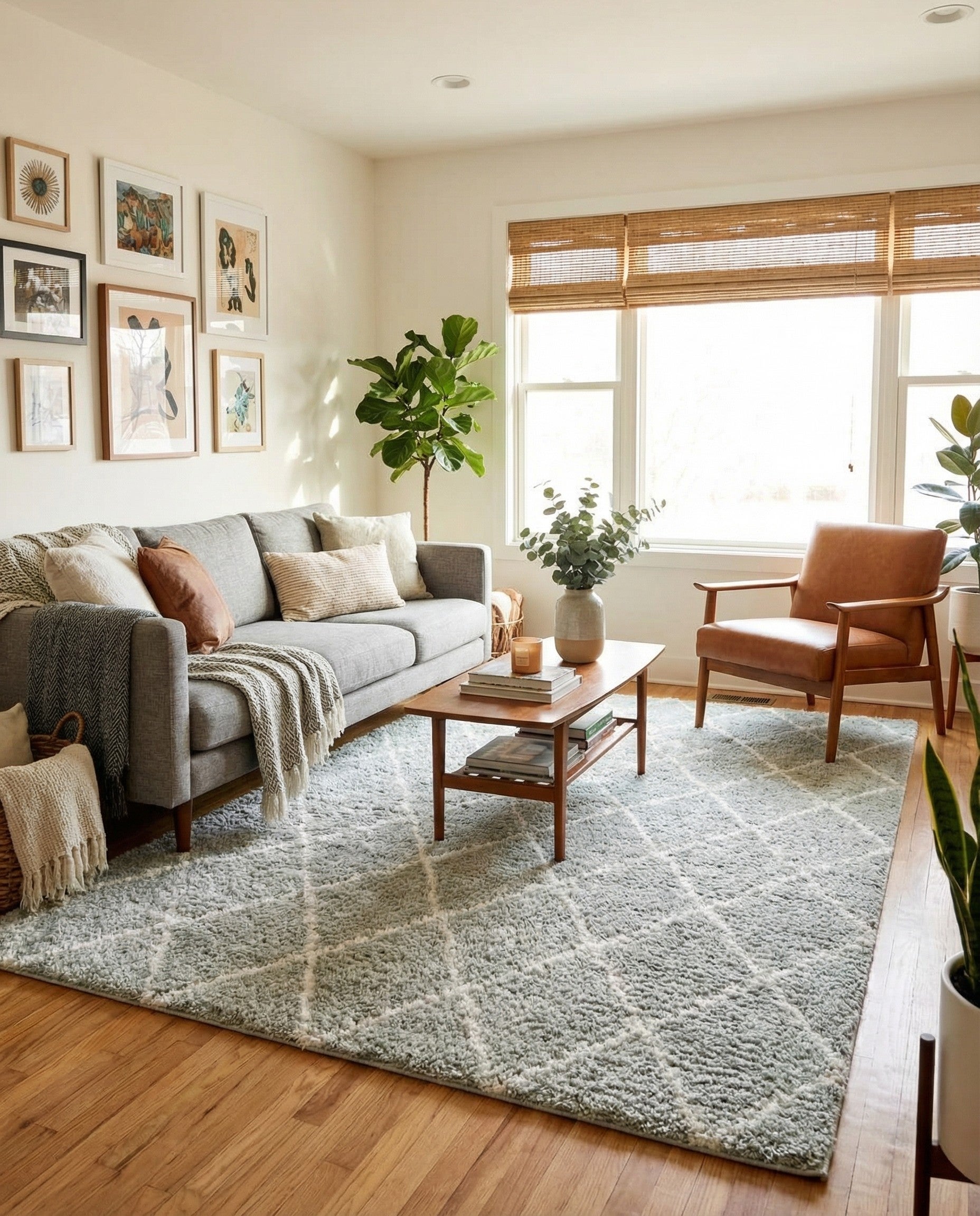 A 5x8 rectangular white and cyan shag rug featuring a diamond trellis pattern, perfect for a modern living room.
