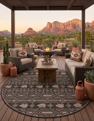 Black Easy-Clean Southwestern Indoor / Outdoor Round Rug