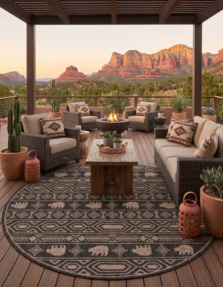 Detail image of 13' x 13' Easy-Clean Southwestern Indoor / Outdoor Round Rug