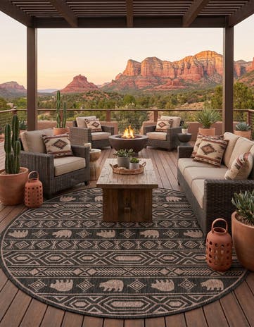 Black Easy-Clean Southwestern Indoor / Outdoor Round Rug