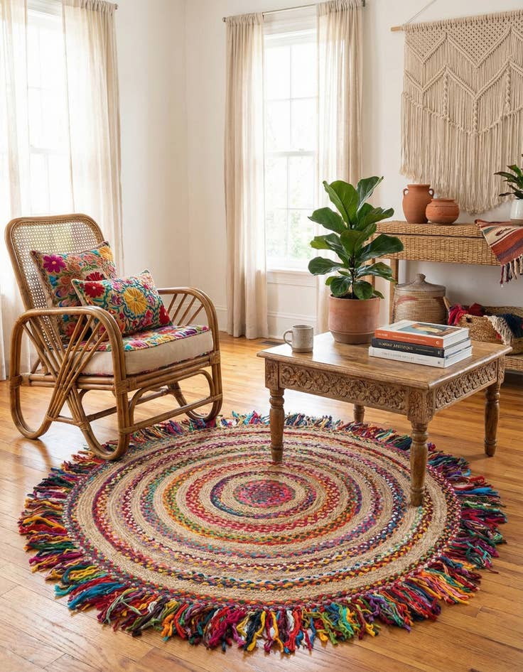 Detail image of 6' 1 x 6' 1  Hand Braided Chindi Jute Round Rug