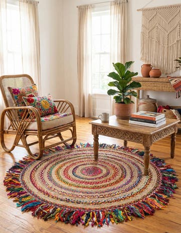 6' 1 x 6' 1 Hand Braided Chindi Jute Round Rug