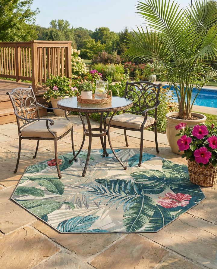 5' 3 x 5' 3 Easy-Clean Botanical Indoor / Outdoor Octagon Rug