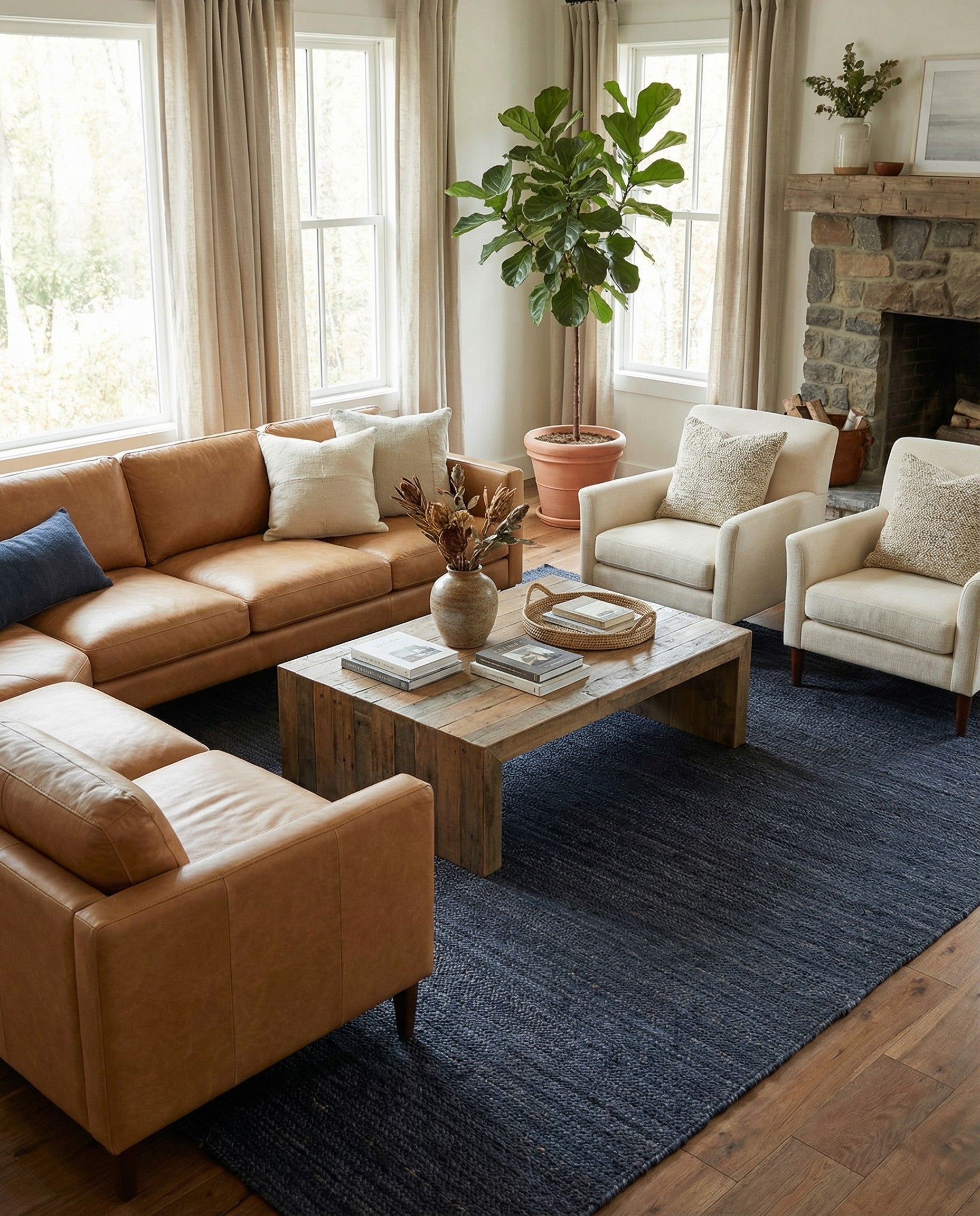 A large 12x16 rectangular navy blue jute area rug with a textured, flatweave construction, suitable for a living room or office.