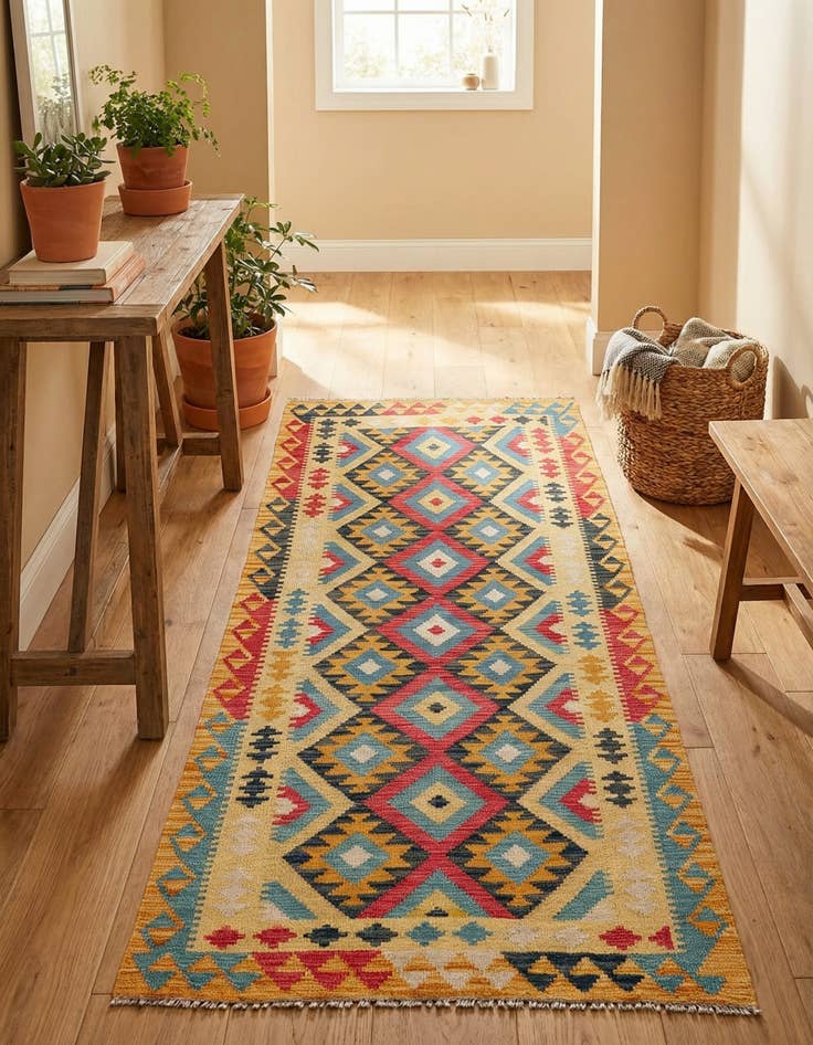 Detail image of 3' 3 x 6' 9  Hand Woven Kilim Maymana Wool Runner Rug