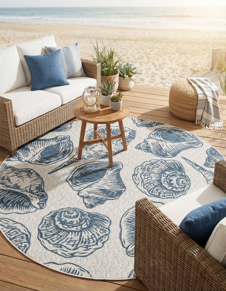Detail image of 7' 10 x 7' 10  Washable Coastal Indoor / Outdoor Round Rug
