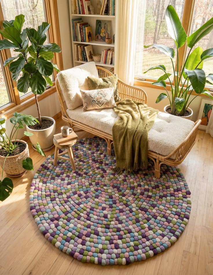 Detail image of 5' 1 x 5' 1 Felt Ball Wool Round Rug