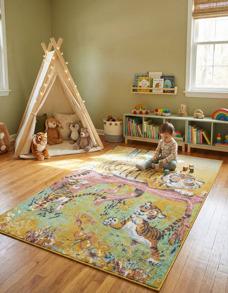 Detail image of 5' 3 x 8' Tiger Whimsy Kids Rug