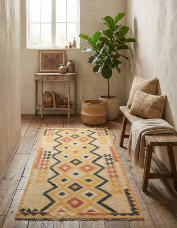 3' 5 x 6' 10 Hand Woven Kilim Maymana Wool Runner Rug