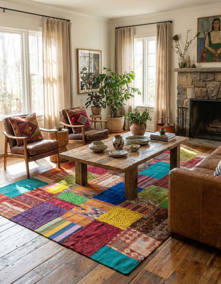 Detail image of  6' 7 x 10'  Hand Woven Kilim Patchwork Wool Rug