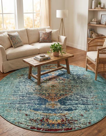 Turquoise Washable Arte Round Rug