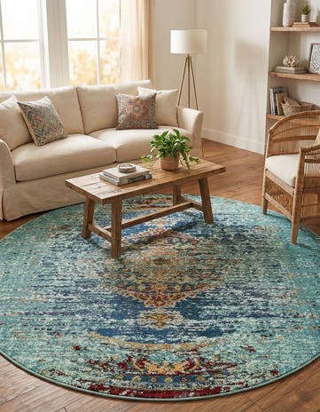 Turquoise Washable Arte Round Rug