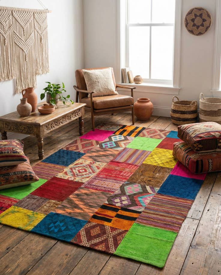 Detail image of 5' 7 x 7' 10 Hand Woven Kilim Patchwork Wool Rug