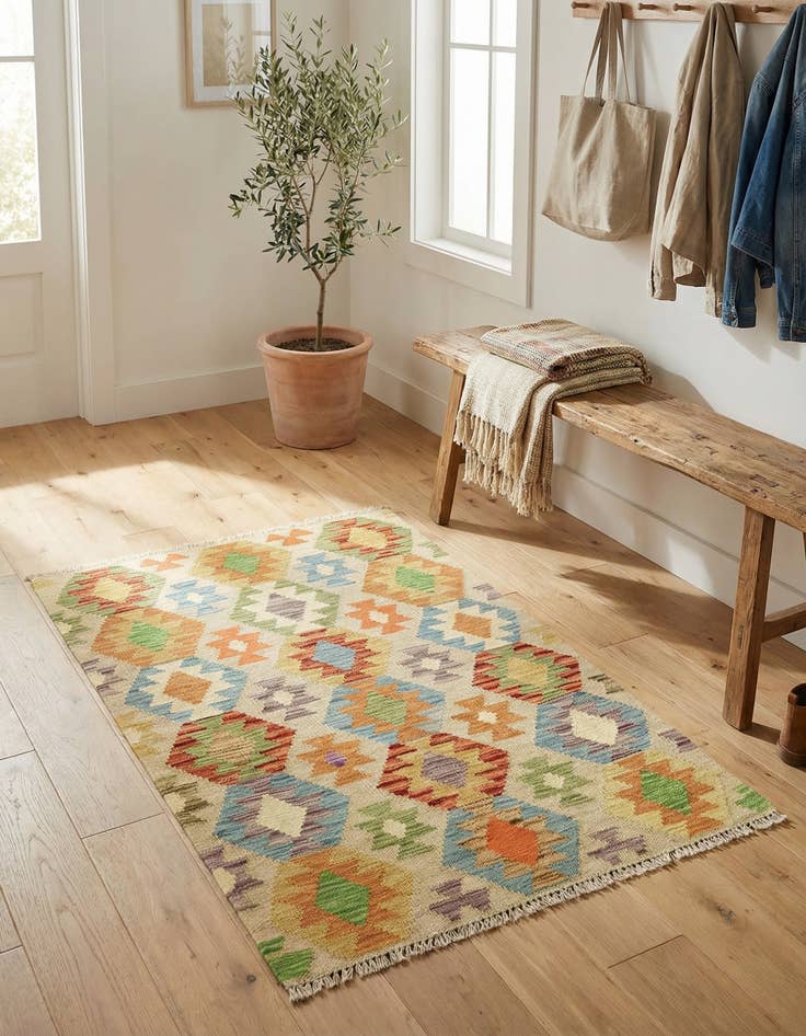 Detail image of 2' 10 x 4' 3  Hand Woven Kilim Maymana Wool Rug