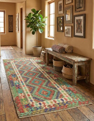 3' 5 x 6' 1 Hand Woven Kilim Maymana Wool Runner Rug