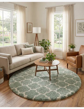 White Cyan Moroccan Shag Round Rug