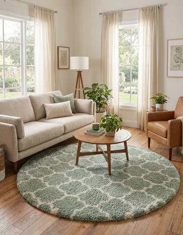 White Cyan Moroccan Shag Round Rug