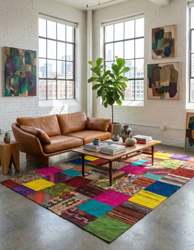 Detail image of  6' 9 x 10'  Hand Woven Kilim Patchwork Wool Rug