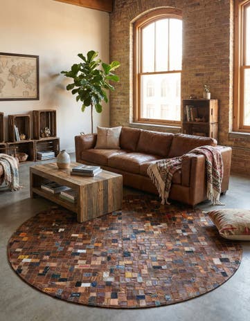 7' 10 x 7' 10 Jean Leather Tag Round Rug